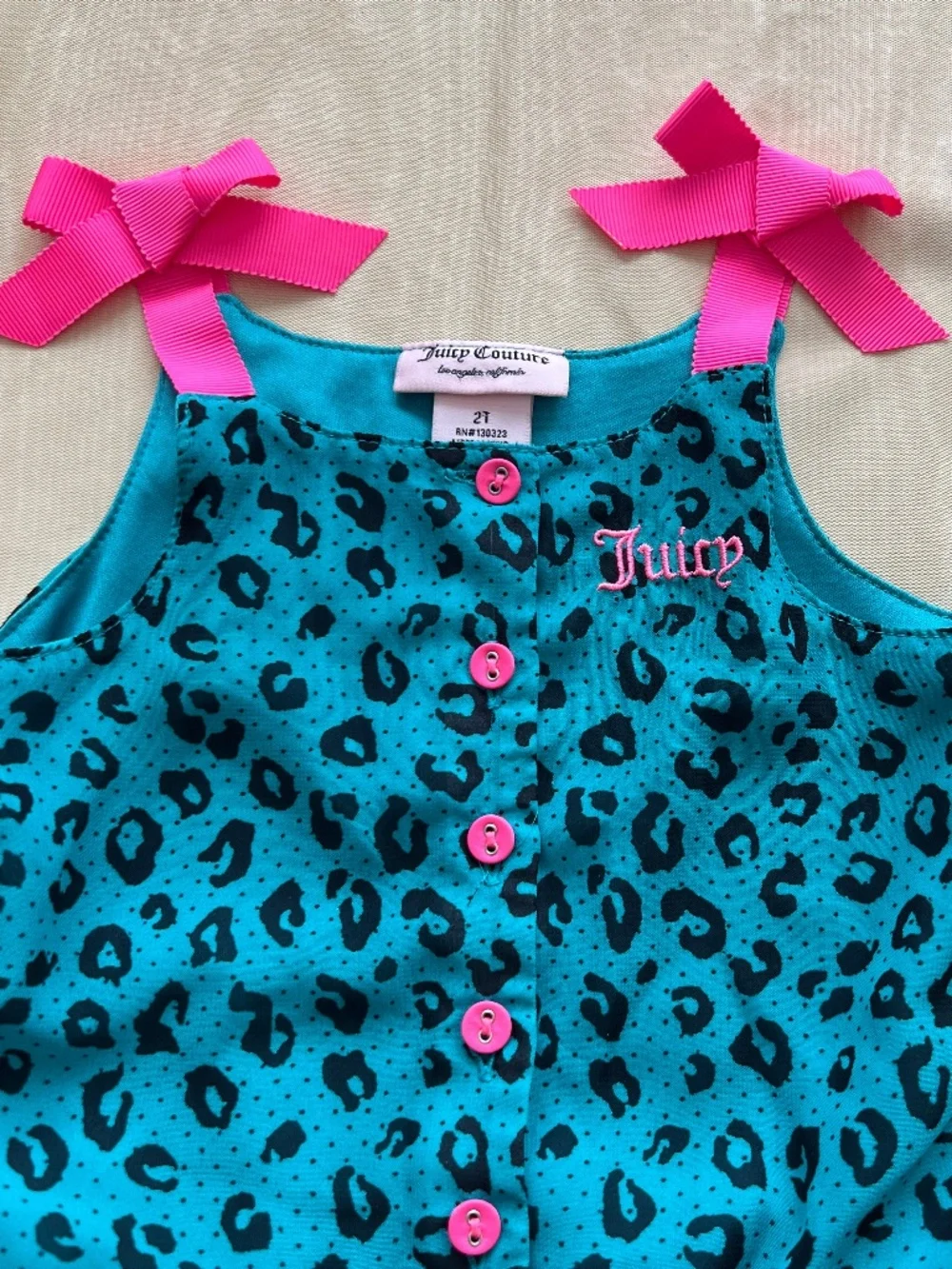 Juicy Couture Romper toddler Size 2T Green Leopard Print W/Pink Bows